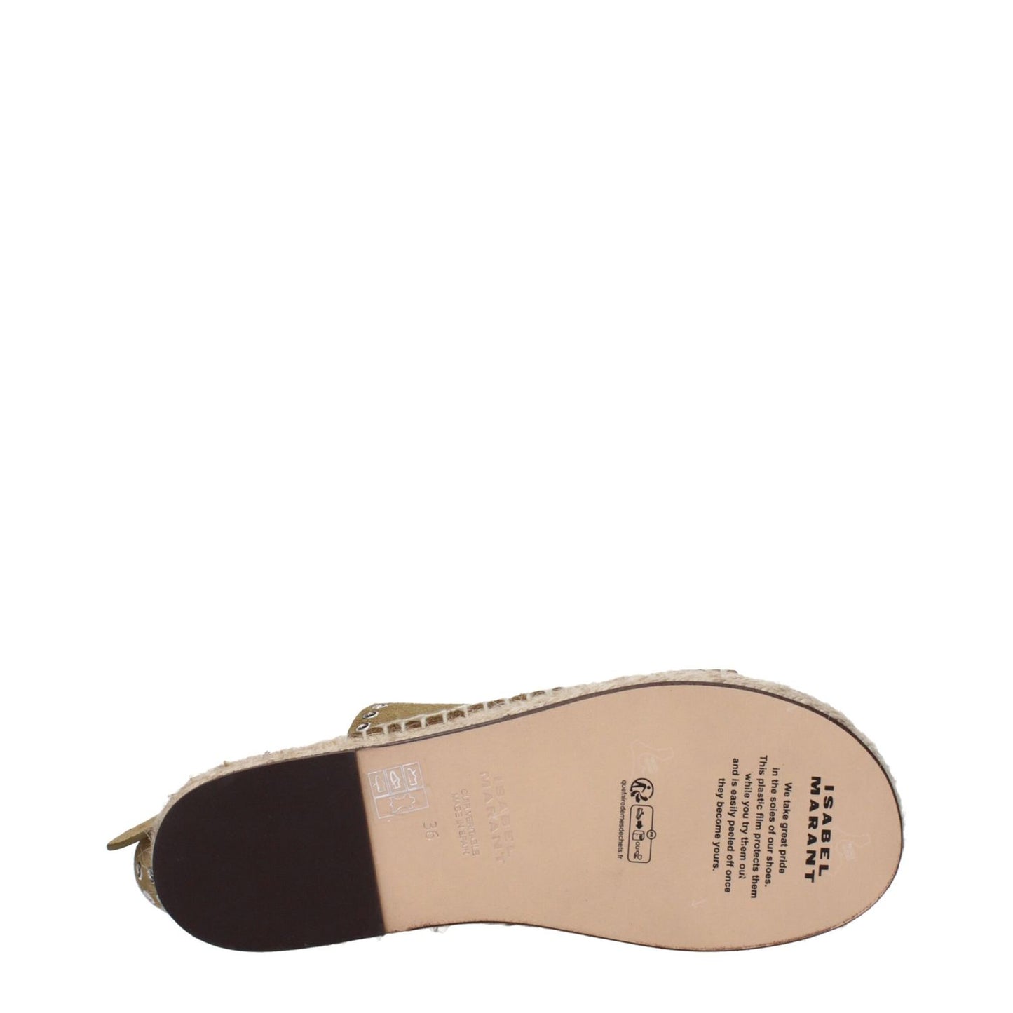 Bottom view of Isabel Marant Green Leather Flat Sandals with leather sole and stud details.