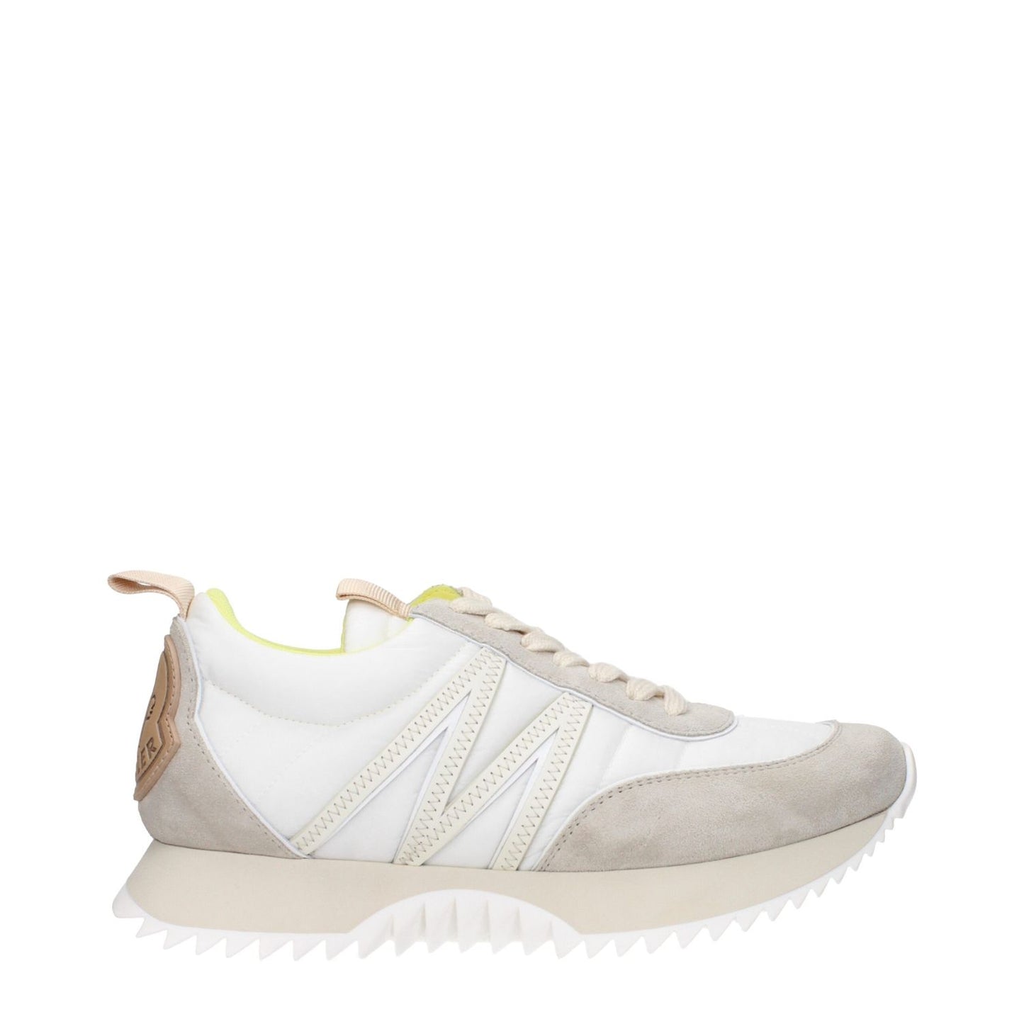 Moncler Beige Fabric Low Top Sneakers with lace-up closure and rubber sole, featuring white and beige design with back logo.