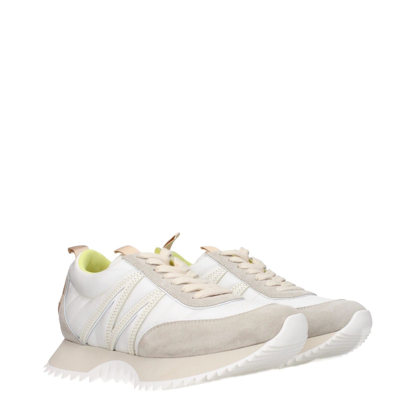 Moncler Beige Fabric Low Top Sneakers with rubber sole and lace-up closure, featuring a casual style and back logo detail.