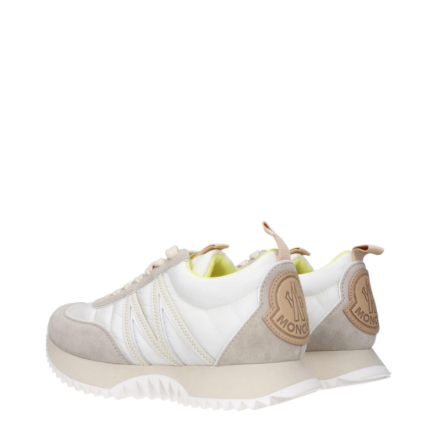 Moncler Beige Fabric Low Top Sneakers with back logo, white accents, and rubber sole. Casual lace-up for new collections.