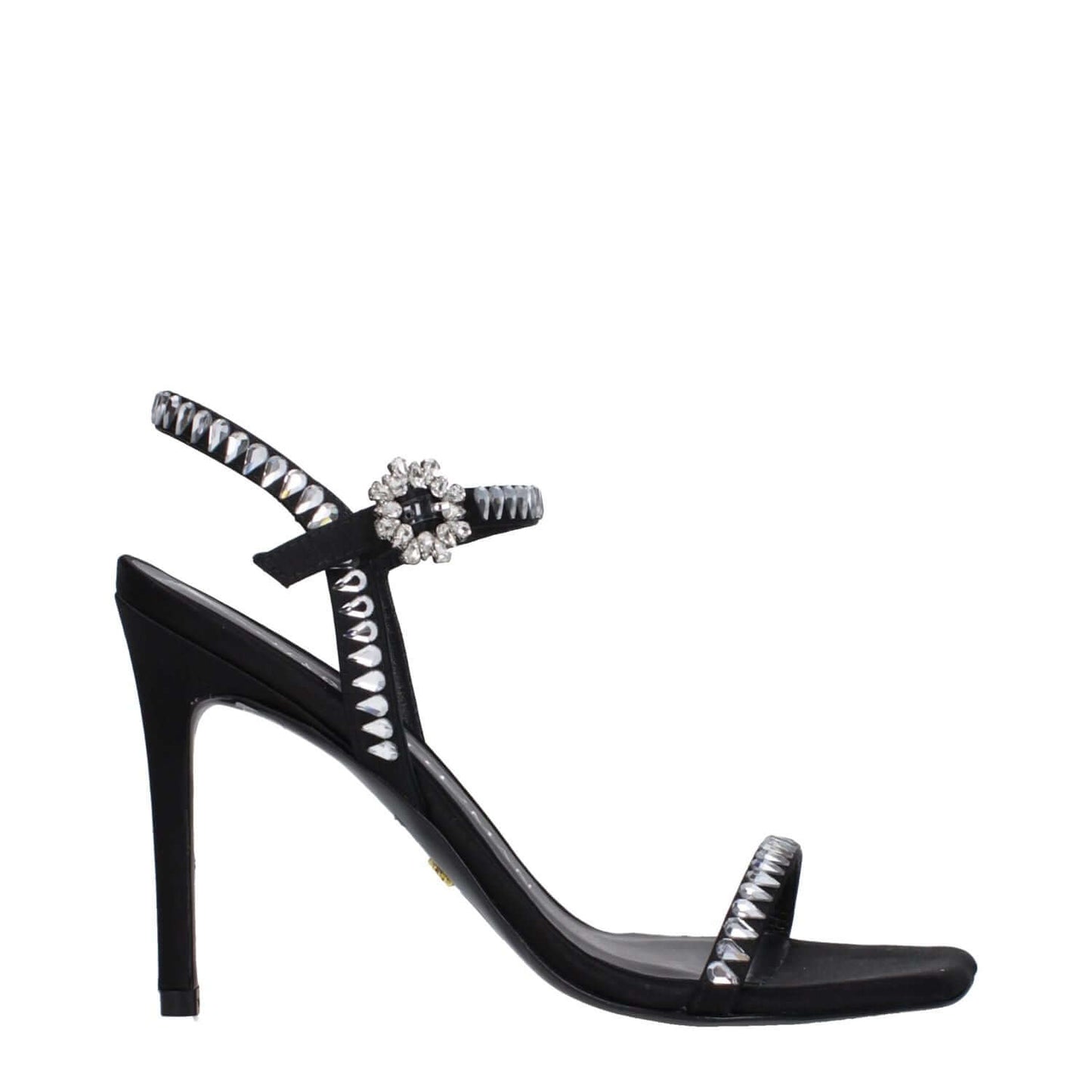 Stuart Weitzman Black Satin Stiletto Heel Sandals with rhinestones, open toe design, and buckle closure. Heel height: 10 cm.