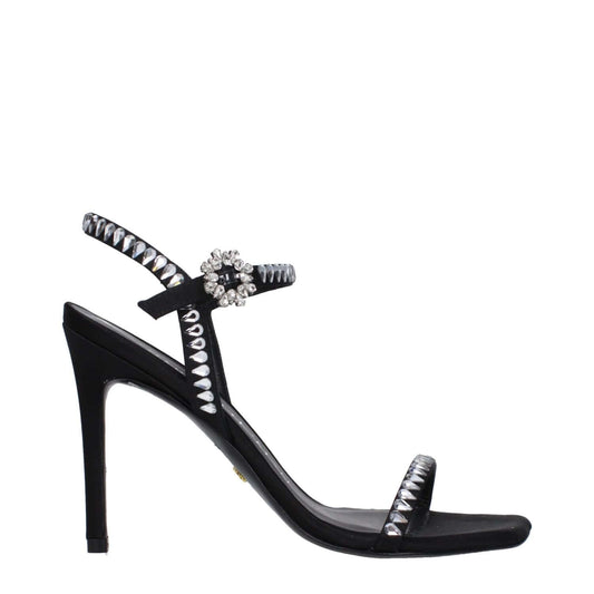 Stuart Weitzman Black Satin Stiletto Heel Sandals with rhinestones, featuring open toe and buckle closure, elegant design.