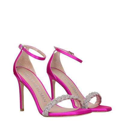 Stuart Weitzman Pink Satin Stiletto Heel Sandals with rhinestone details, buckle closure, and open toe design.