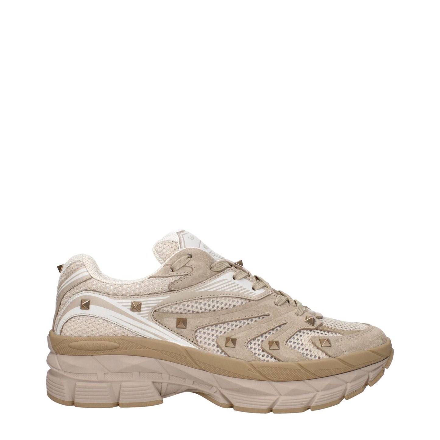 Valentino Garavani Beige Fabric Low Top Sneakers with studs, lace-up, round toe, and rubber sole.