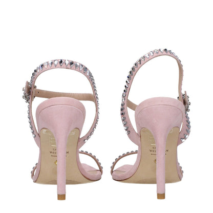 Stuart Weitzman Pink Leather Stiletto Heel Sandals with rhinestone accents, open toe design, and buckle closure, rear view
