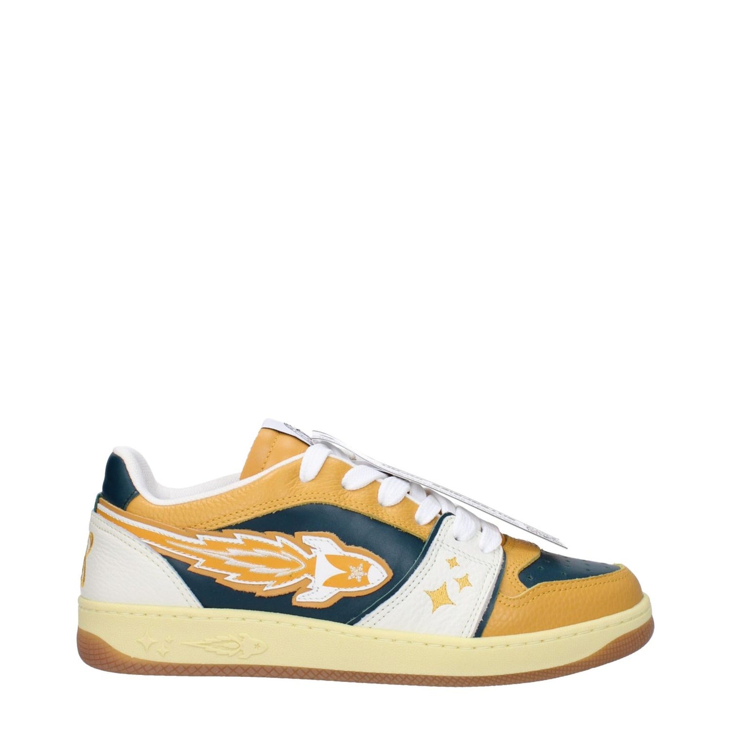 Enterprise Japan Green Leather Low Top Sneakers with mustard accents and lace-up closure featuring a unique front and back detail design.