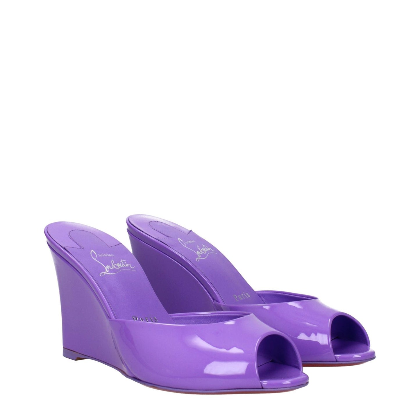 Christian Louboutin Purple Leather Wedge Sandals with open toe and 9.5 cm heel, featuring patent leather and elegant design.