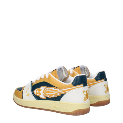Enterprise Japan Green Leather Low Top Sneakers with logo and mustard details, casual style, lace-up closure, and rubber sole.