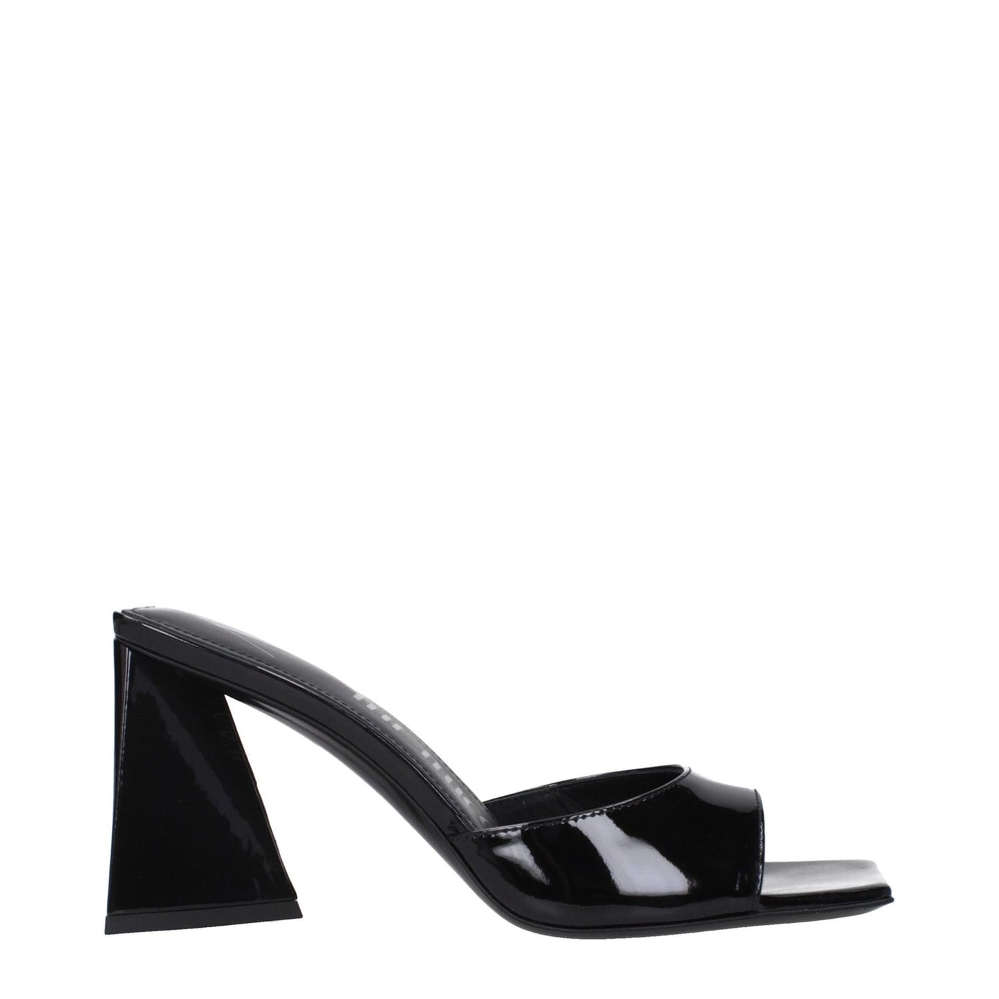 The Attico Black Leather Stiletto Heel Sandals, open toe, patent leather, 8.5 cm heel, stylish design.