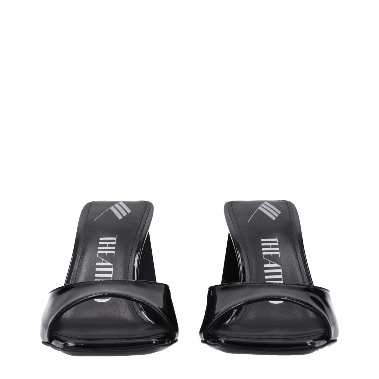 The Attico Black Leather Stiletto Heel Sandals with glossy patent leather, open toe design, mid heels, and leather sole.