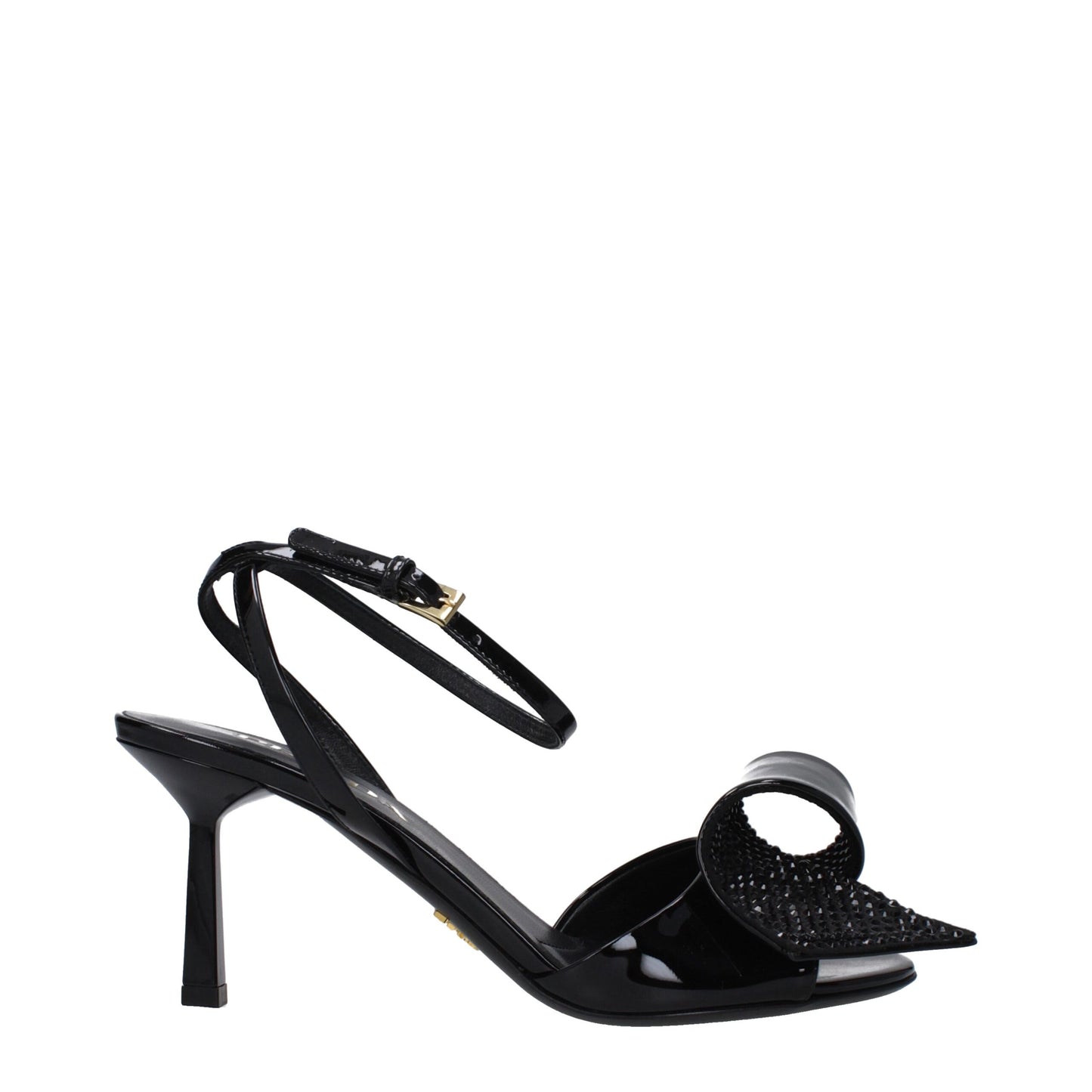 Alt Tag: Prada Black Leather Stiletto Heel Sandals with buckle closure and side detail, featuring open toe and mid heels, 7.5 cm height.