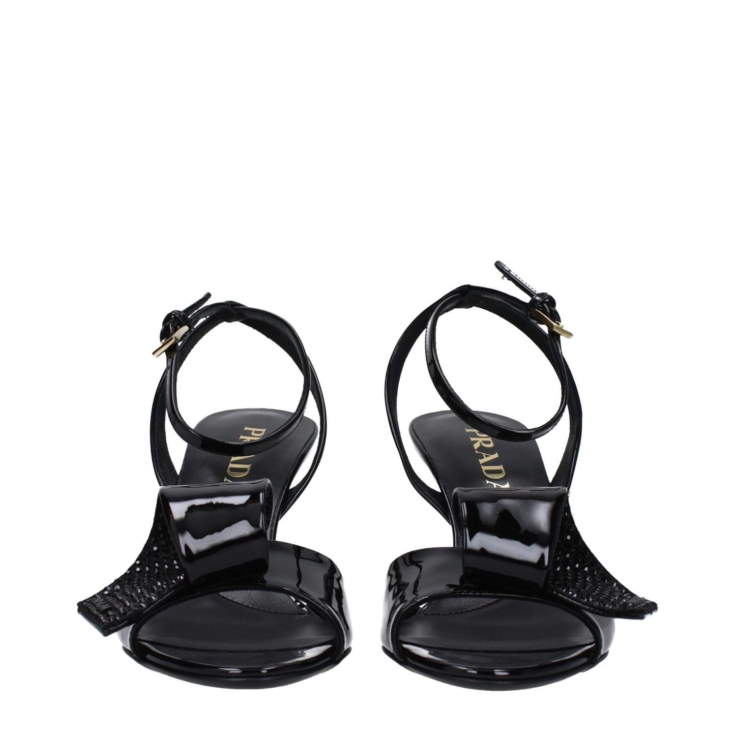 Prada Black Leather Stiletto Heel Sandals with buckle closure, open toe, and side detail, featuring a 7.5 cm mid heel.