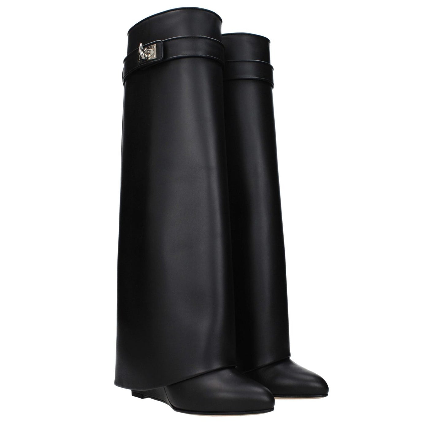 Givenchy Black Leather Boots with pointy toe, wedge heel, side logo, and turn lock closure.
