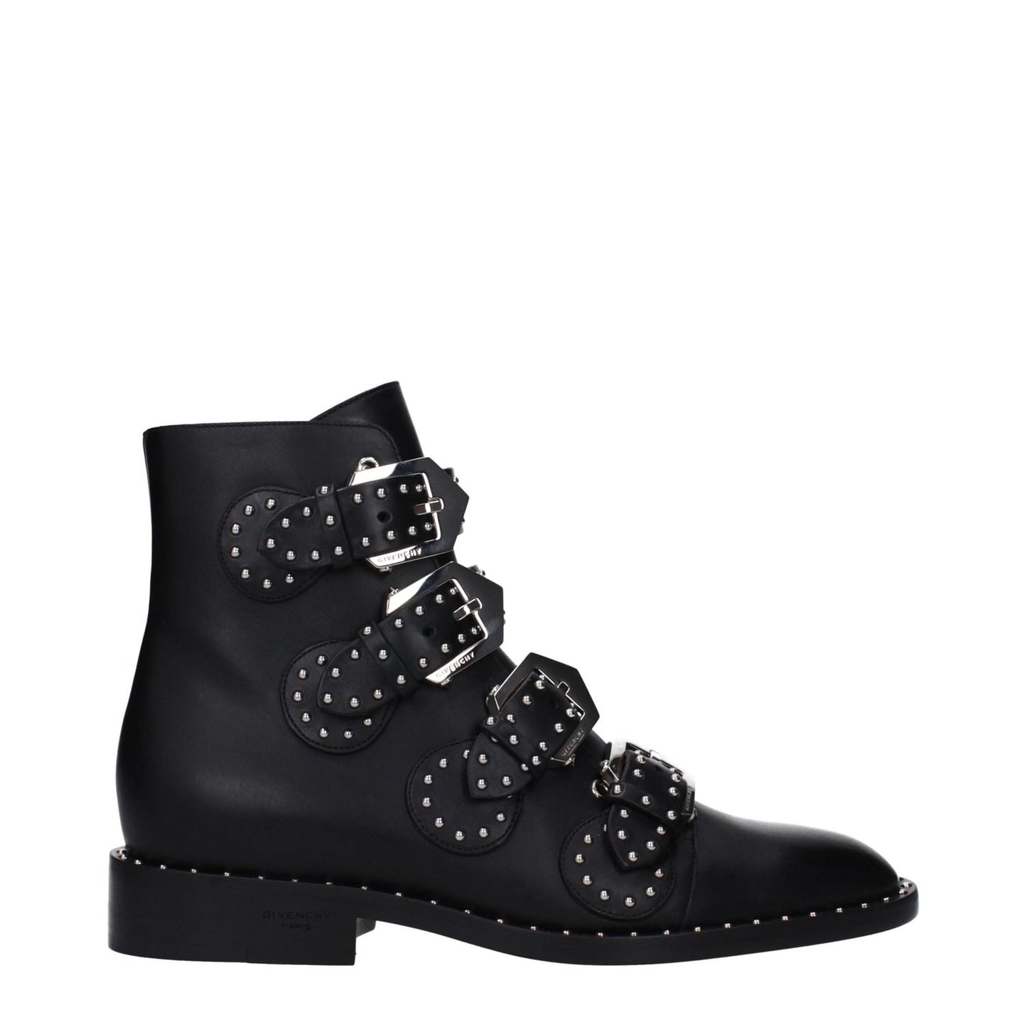 Givenchy Black Leather Ankle Boots with studded buckle closure, casual style, round toe, and low flat heel.