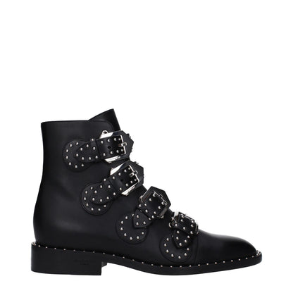 Givenchy Black Leather Ankle Boots with studded buckle closure, casual style, round toe, and low flat heel.