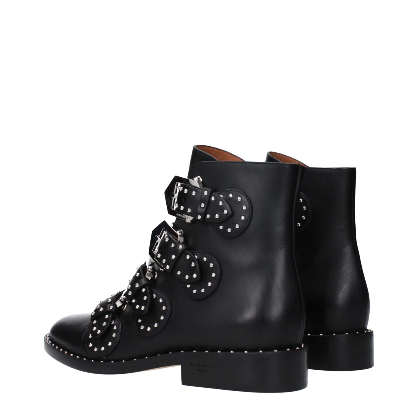 Givenchy Black Leather Ankle Boots with studs, featuring buckle closure and round toe design, perfect for casual style.
