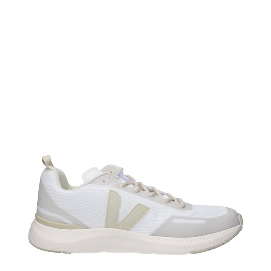 Veja White Fabric Athletic Sneakers with beige accents, front and side logo, lace-up closure, rubber sole, round toe, low flat heel.