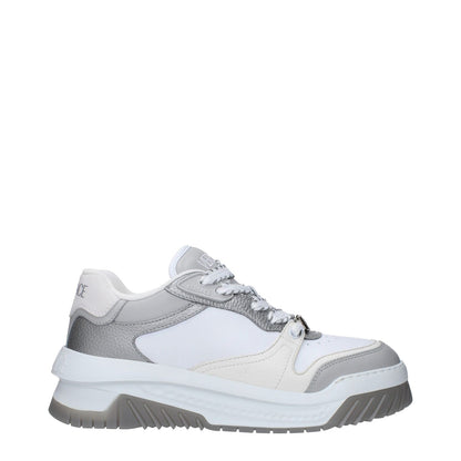 Versace White Leather Chunky Sneakers with silver accents and 5.5 cm wedge, featuring logos on front, side, and back.