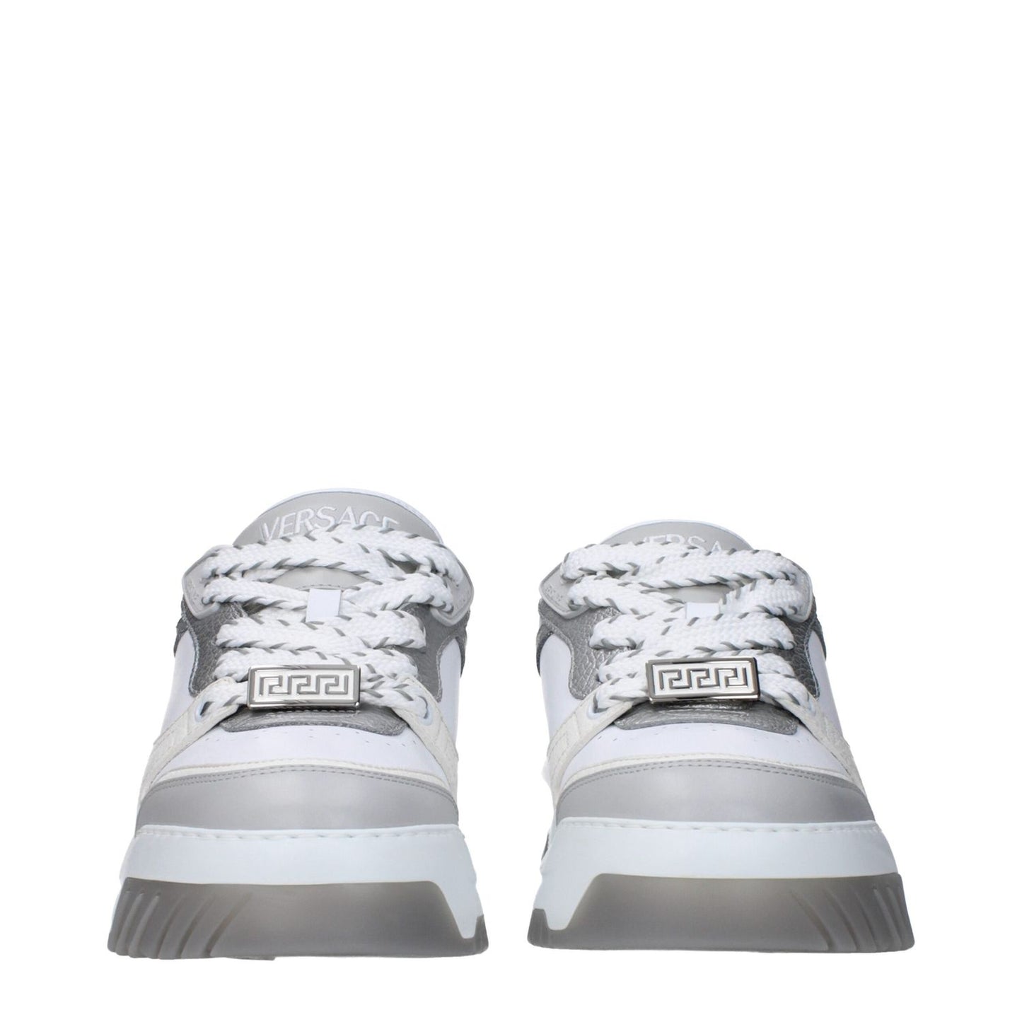 Versace White Leather Chunky Sneakers with lace-up closure, rubber sole, and silver accents, featuring front, side, and back logos.
