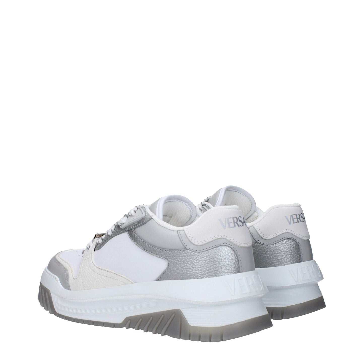 Versace White Leather Chunky Sneakers with silver accents, lace-up closure, rubber sole, featuring front, side and back logos.