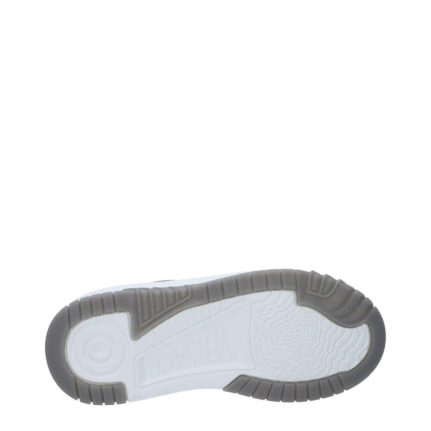 Sole view of Versace White Leather Chunky Sneakers with rubber sole and embossed logo details.