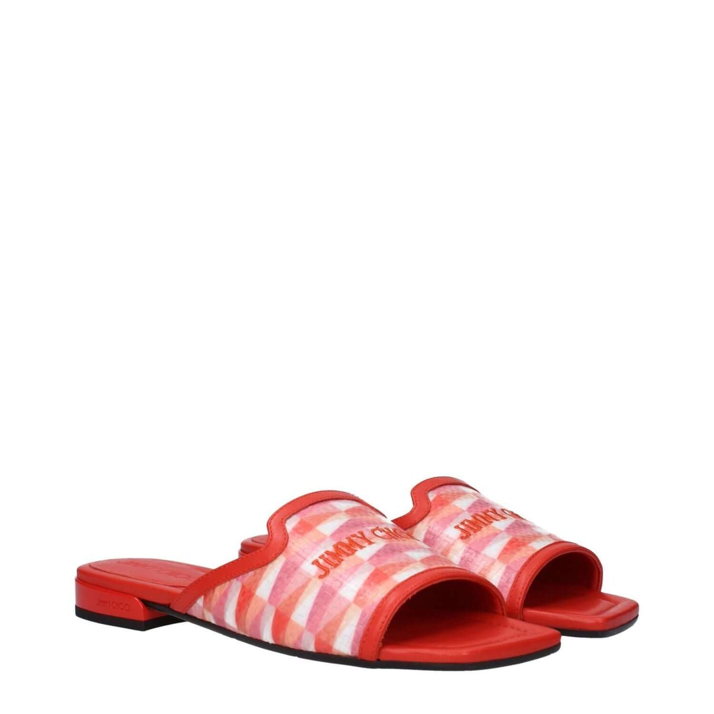 Jimmy Choo Orange Fabric Slippers with paprika accents, open toe, low flat heel, leather sole, and front logo design.