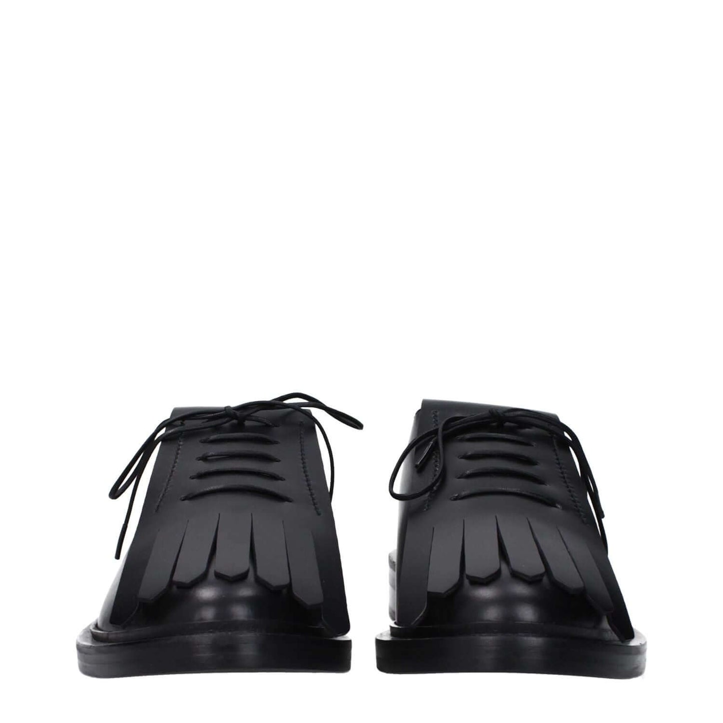 Max Mara Black Leather Oxfords And Derbies with lace up design and fringe detail, featuring rubber sole and low flat heel.
