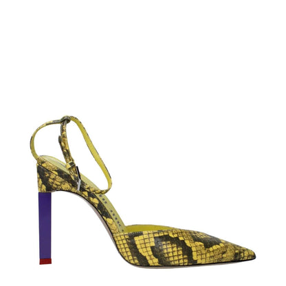 The Attico Yellow Leather Pumps with snake print and high heel, featuring buckle closure and pointy toe design.