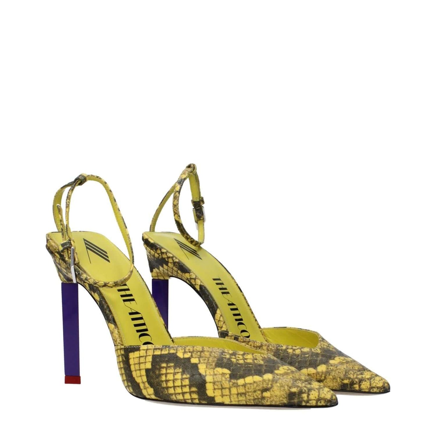 The Attico Yellow Leather Pumps with snake print, high heels, pointy toe, and buckle closure, crafted in leather.