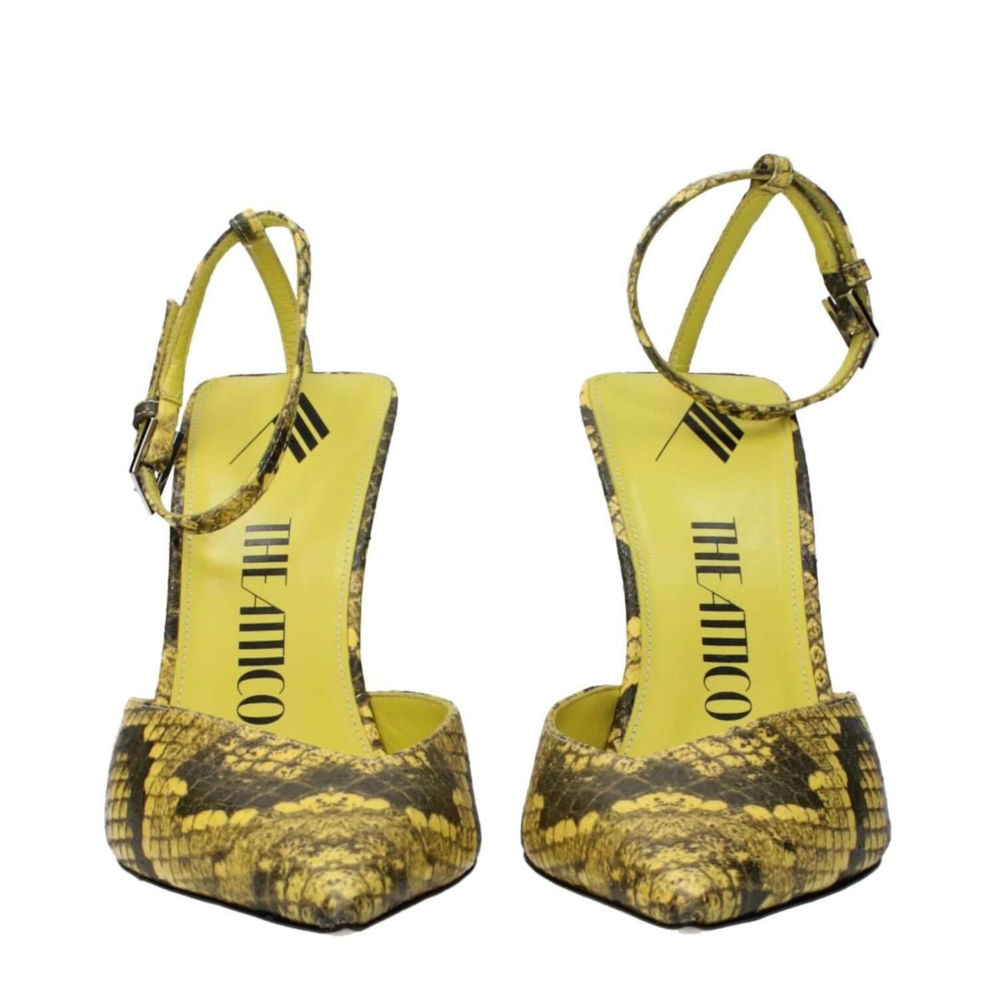 The Attico Yellow Leather Pumps with snake print, pointy toe, high heel, and buckle closure, elegant ethnic style.