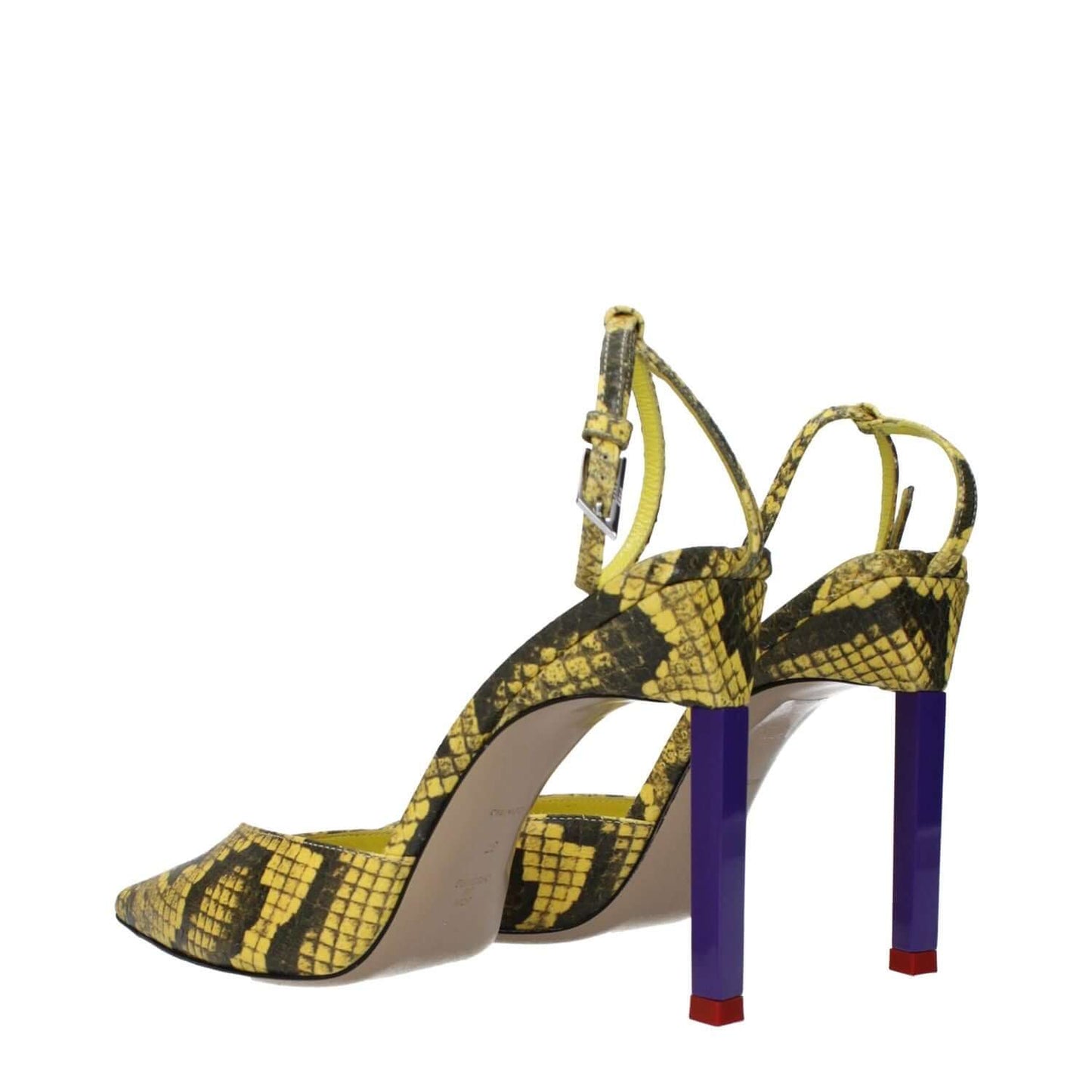 The Attico Yellow Leather Pumps with snake print, high heel, and buckle closure, featuring a pointy toe and leather sole.