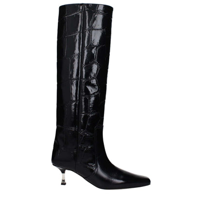 Paris Texas Black Leather High Heel Boots with crocodile print and square toe, featuring vintage effect and mid heel of 5.5 cm.