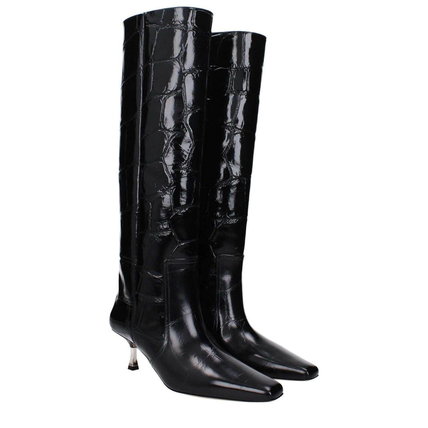 Paris Texas Black Leather High Heel Boots with vintage crocodile print, square toe, and mid heel, MPN PX1369XCOSMBLACK.