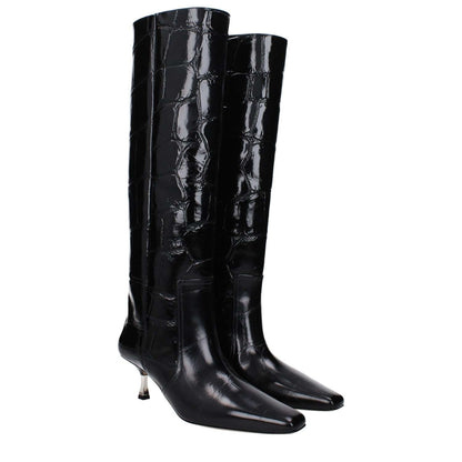 Paris Texas Black Leather High Heel Boots with vintage crocodile print, square toe, and mid heel, MPN PX1369XCOSMBLACK.