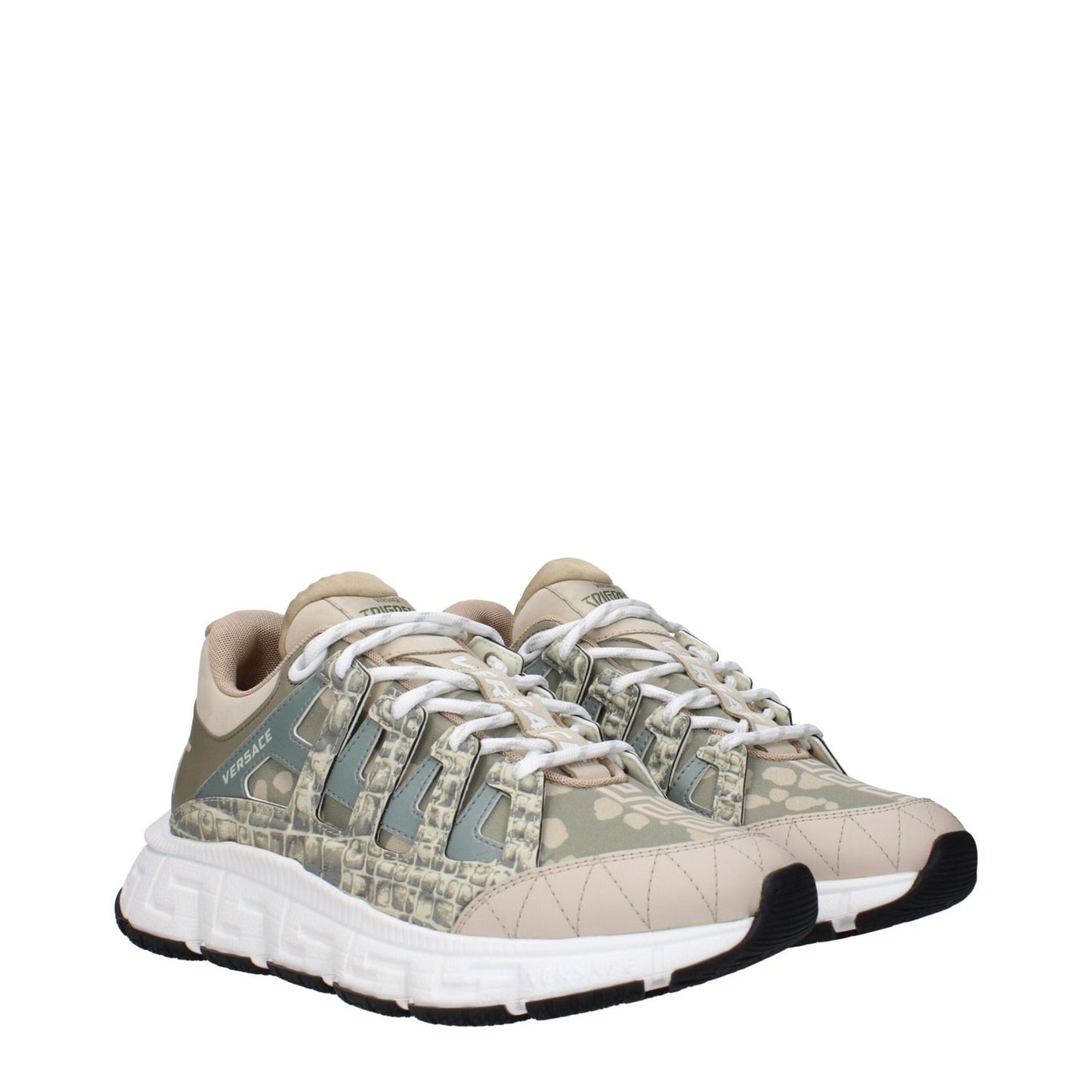 Versace Green Fabric Low Top Sneakers with logos, lace-up closure, rubber sole, and round toe design. Casual style, taupe accents.