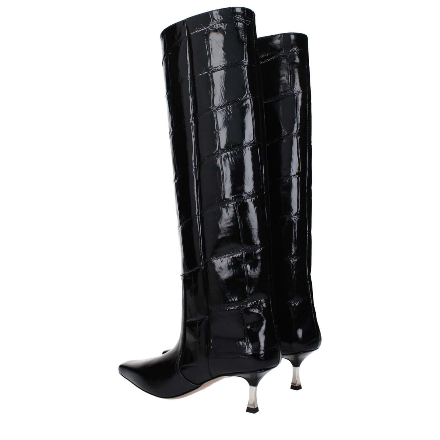 Paris Texas Black Leather High Heel Boots with crocodile print and mid heels.