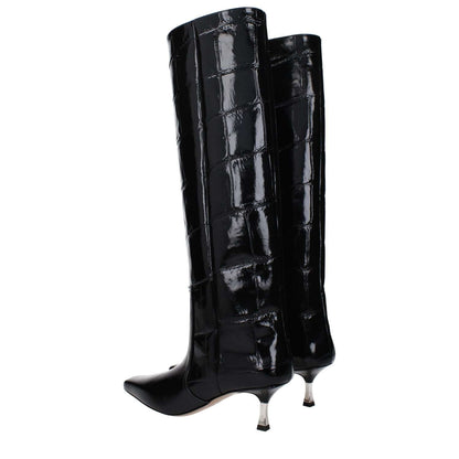 Paris Texas Black Leather High Heel Boots with crocodile print and mid heels.