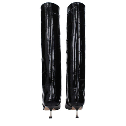 Rear view of Paris Texas Black Leather High Heel Boots with square toe and vintage crocodile print.