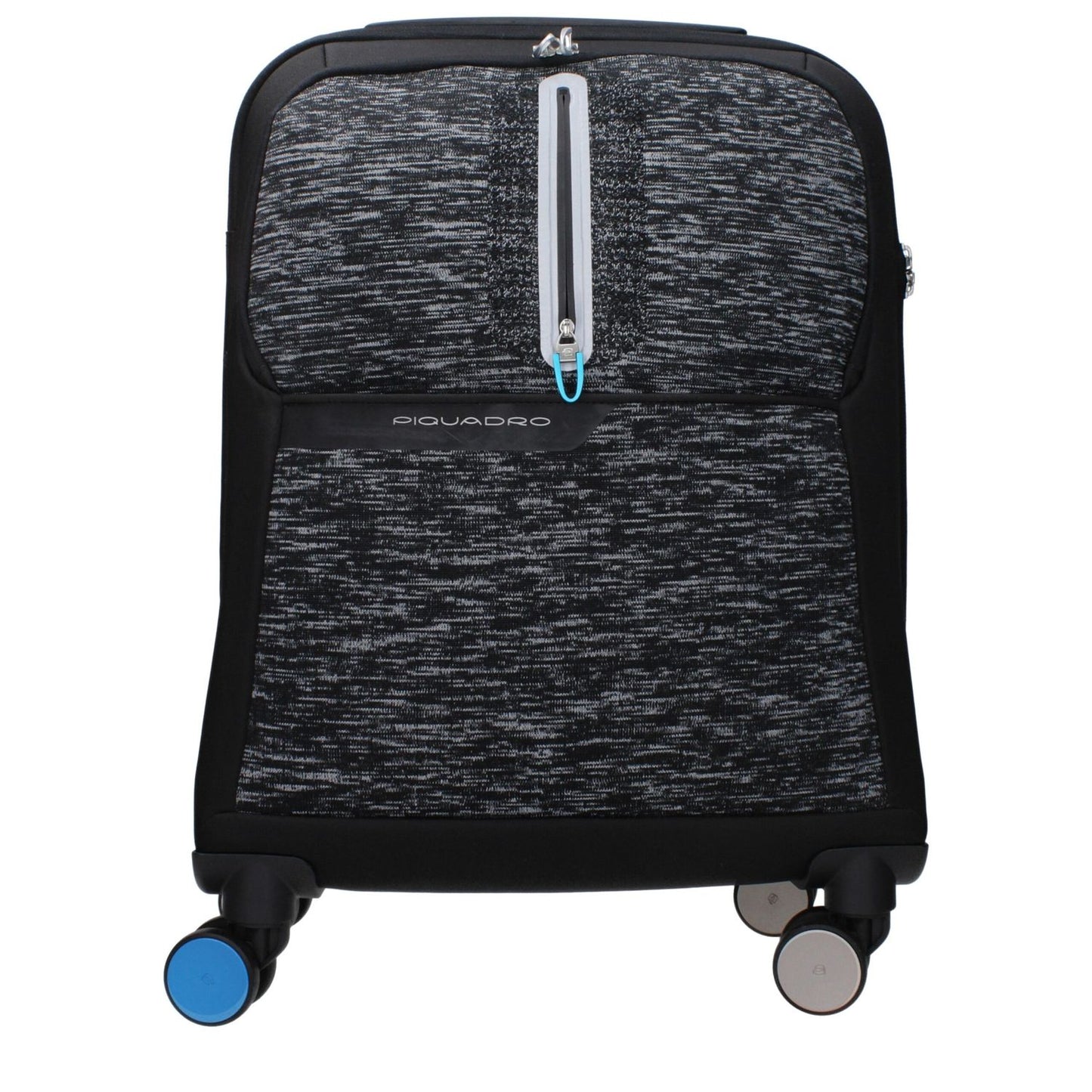 Piquadro Black Fabric Luggage And Travel trolley with 4 wheels, front logo, adjustable handle, TSA closure, and USB output.