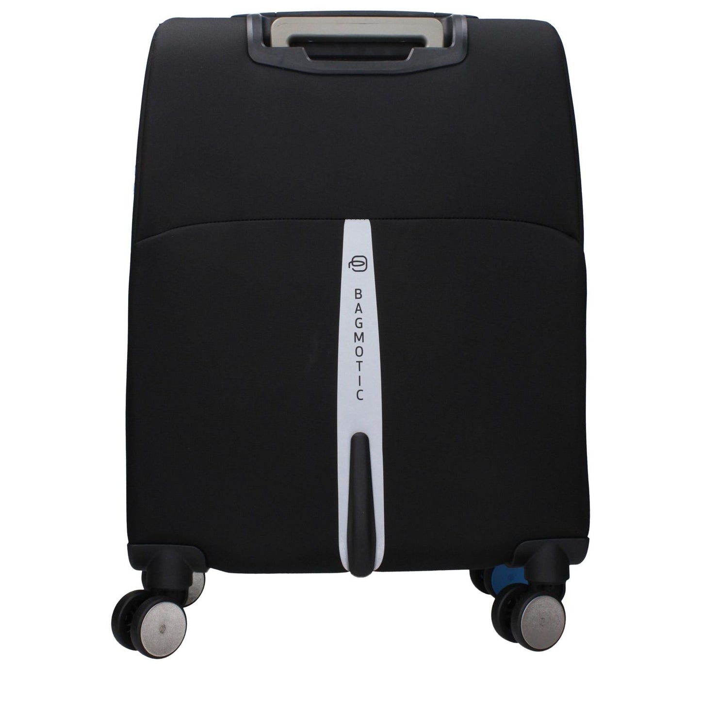 Piquadro Black Fabric Luggage And Travel trolley with 4 wheels, adjustable handle, tsa closure, front logo, and usb output.