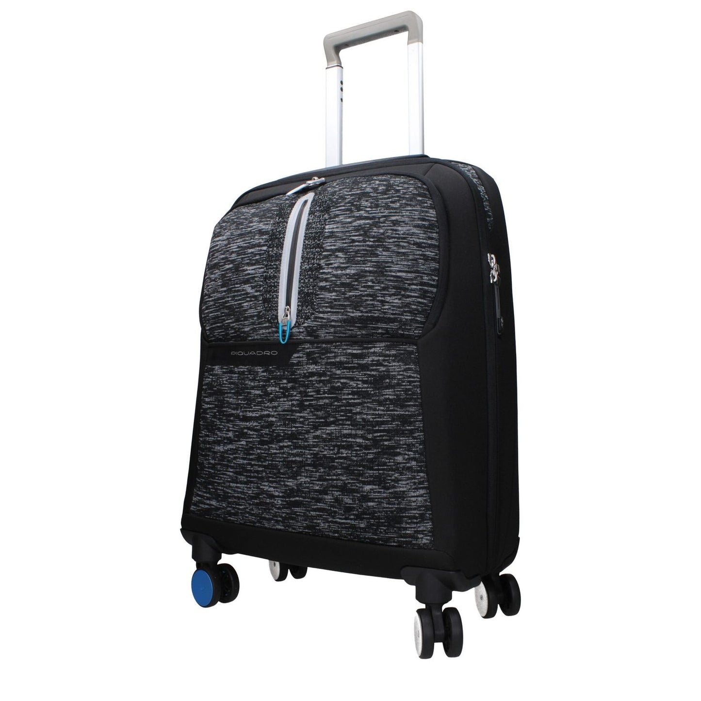 Piquadro Black Fabric Luggage And Travel, small 4-wheel trolley with TSA lock, adjustable handle, USB output, and zipper closure.