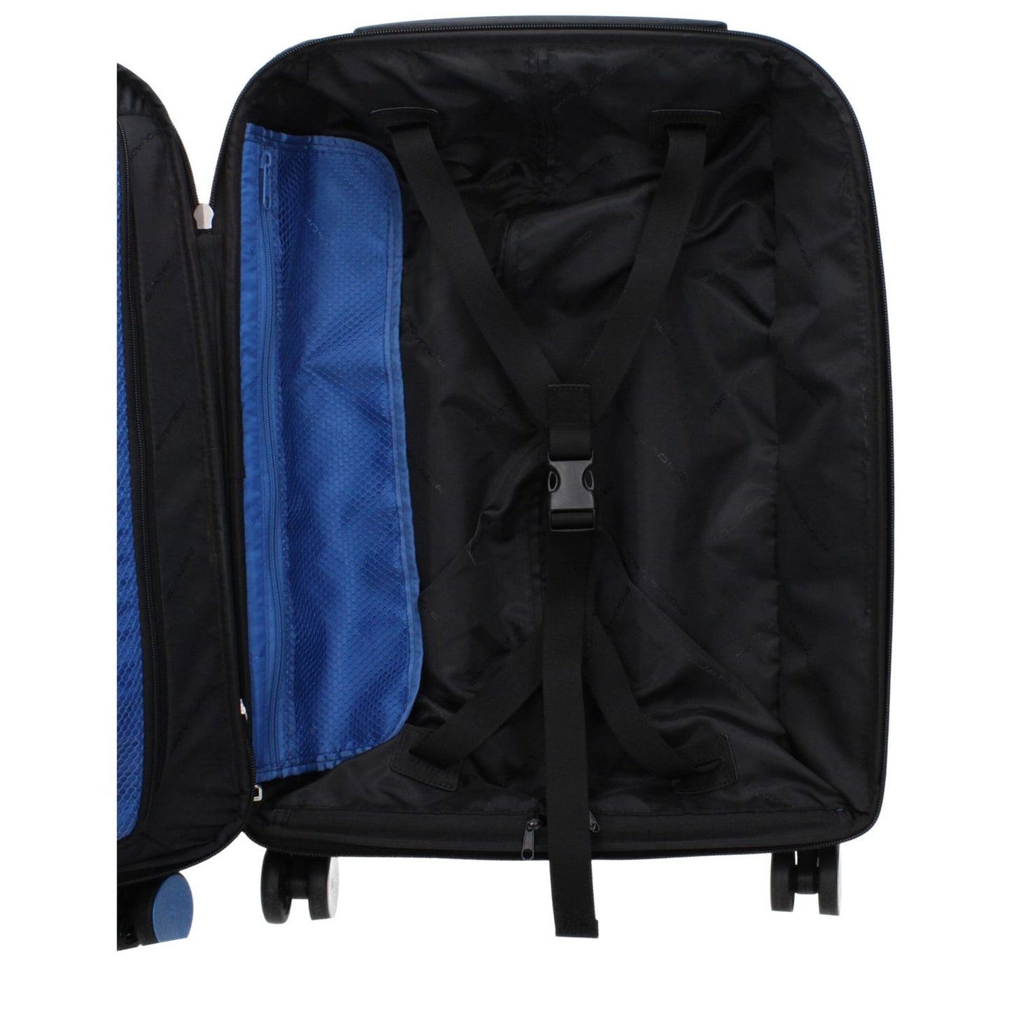 Interior view of Piquadro Black Fabric Luggage And Travel bag showing compartments, straps, and blue lining.