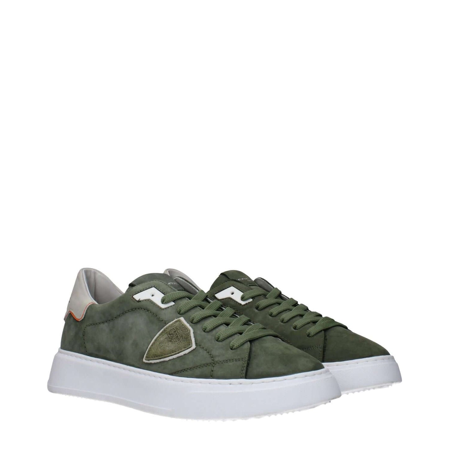 Philippe Model Green Leather Low Top Sneakers with suede material, front and back logo, side detail, MPN BTLUNBTB221, code F83280.