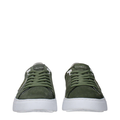 Philippe Model Green Leather Low Top Sneakers with front and back logo details, shown from the front on a white background.