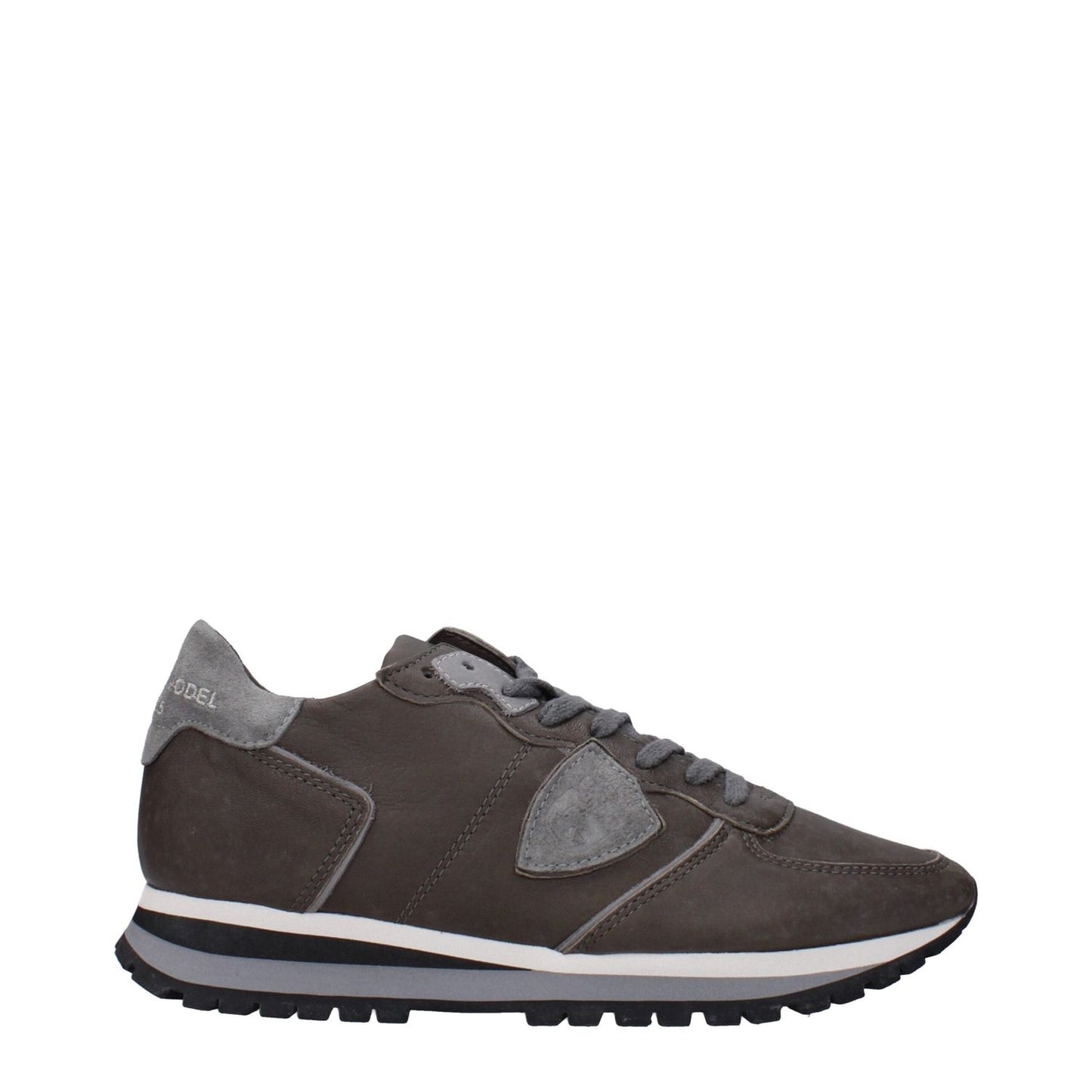 Philippe Model Gray Leather Sneakers with logos, rubber sole, lace-up closure, anthracite details, sporty glam style, round toe.