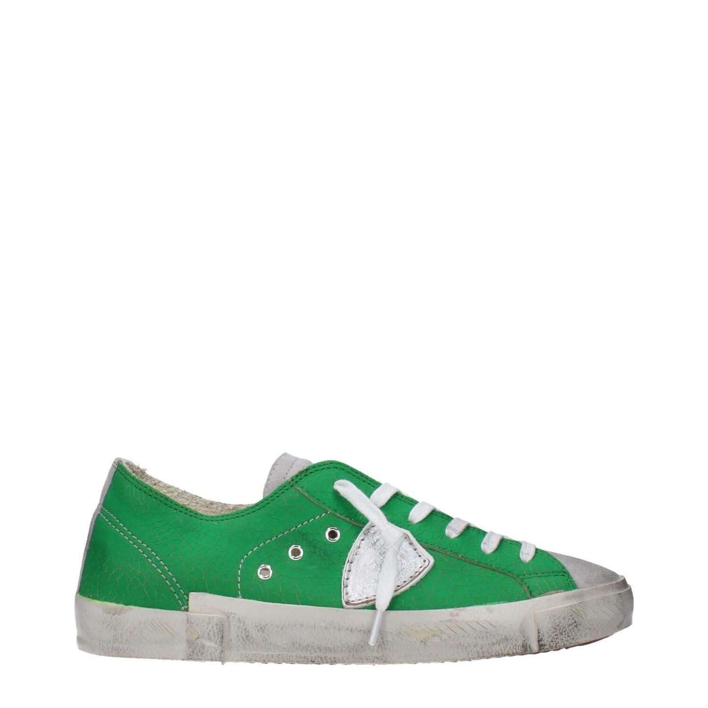 Philippe Model Green Leather Low Top Sneakers with vintage and distressed effects, featuring a front logo and unique scratching pattern.