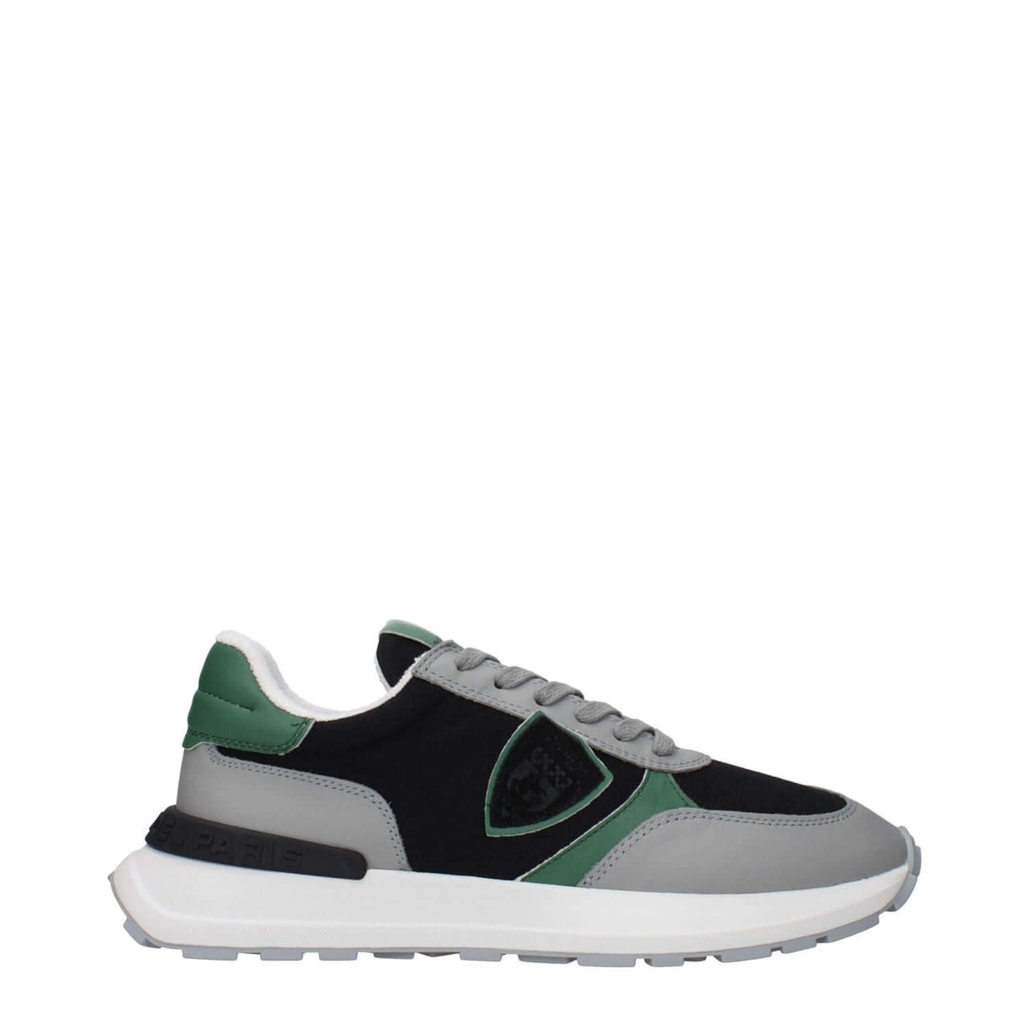 Philippe Model Black Fabric Athletic Sneakers with green and grey accents, featuring front and back logos, side detail.