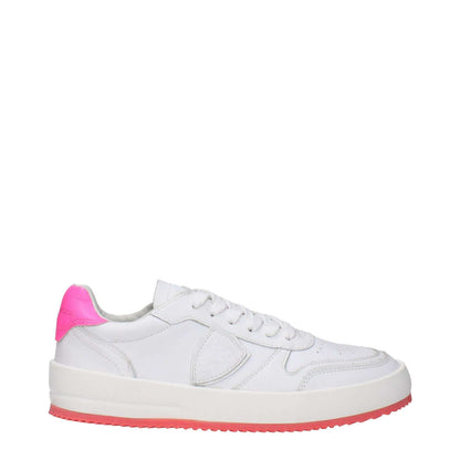 Philippe Model White Leather Sneakers with neon pink accents, round toe, and lace-up closure, featuring front and back logos.