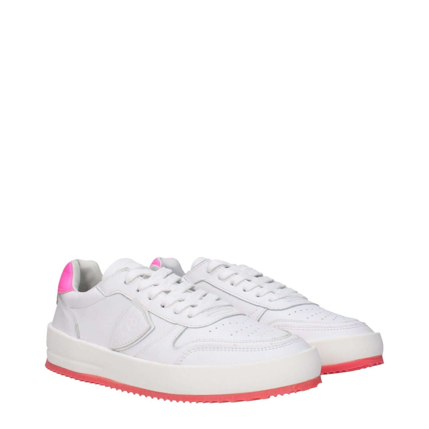 Philippe Model White Leather Sneakers with neon pink accents, featuring logos, lace-up style, rubber sole, and round toe design.