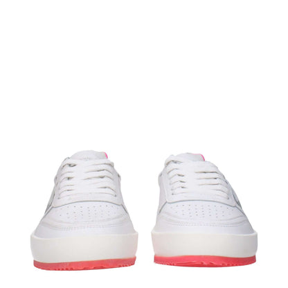 Philippe Model White Leather Sneakers with neon pink sole, front view showcasing lace-up closure and vintage effect design.